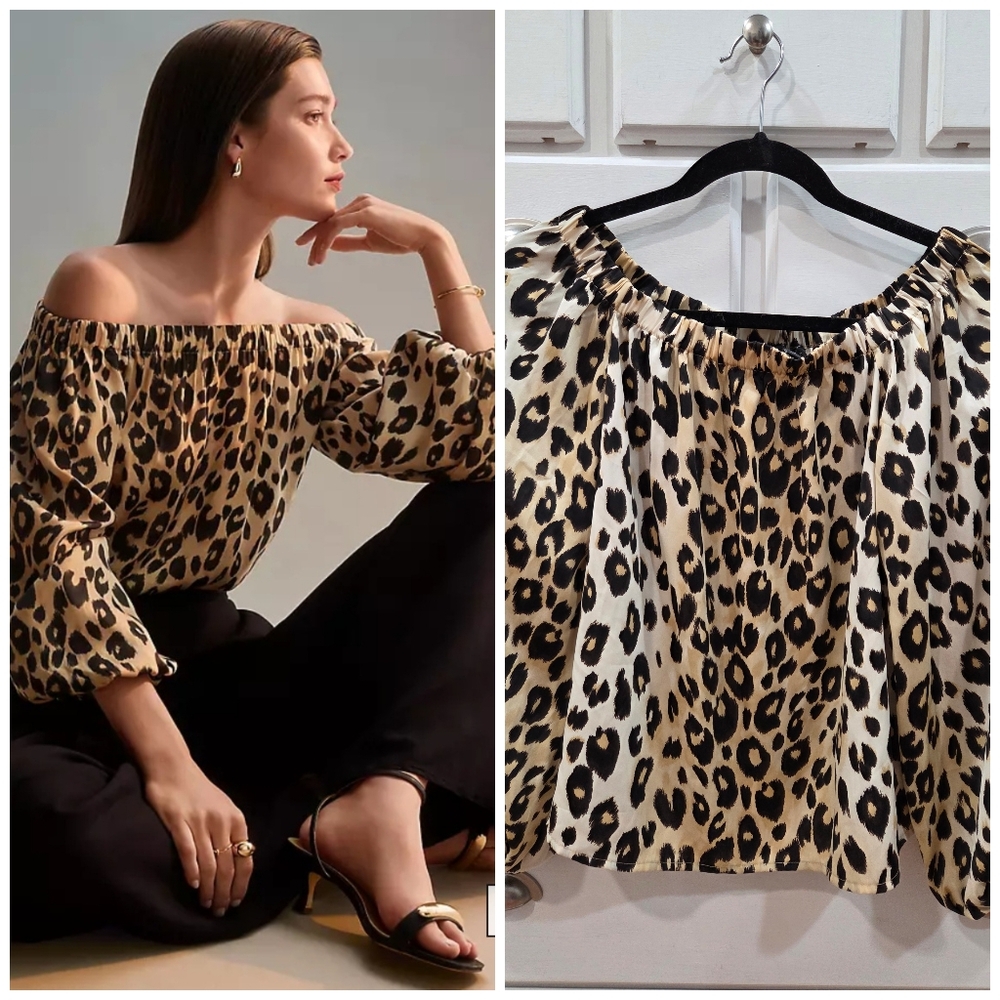 NWT Ann Taylor Leopard Print Off-Shoulder Blouse in Beige and Black